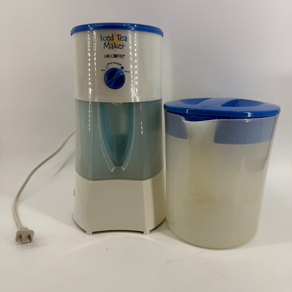 Mr. Coffee Iced Tea Maker OS White Blue Adjustable Brew Strength Pitcher Lid